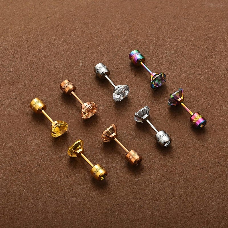 SIISPRI 4 Pairs Titanium Screw Back Surgical Stainless Steel Stud Earrings for Women Men 20G. Rainbow 5A Cubic Zirconia Studs Double Side Earrings Piercing Sleeper Studs Jewelry 6mm - Image 4